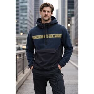 Huckberry Roark Mens Hoodie 2XL Navy Patterned Overland Anorak Fleece Jacket NWT